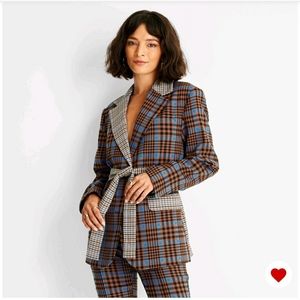 Checked Tie-Waist Blazer Jacket in Brown & Blue